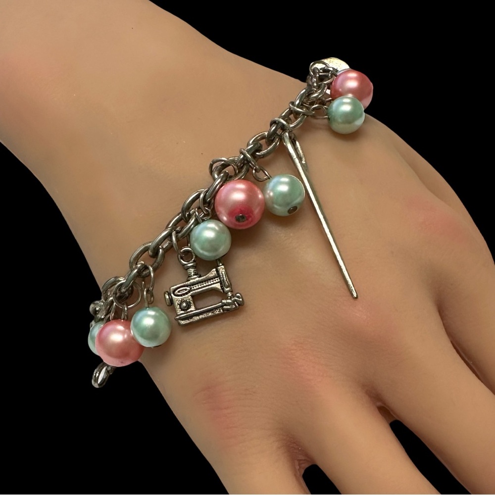 Artisan Made Bracelet Sewing Theme Charms Silver Tone Pink Green Beaded